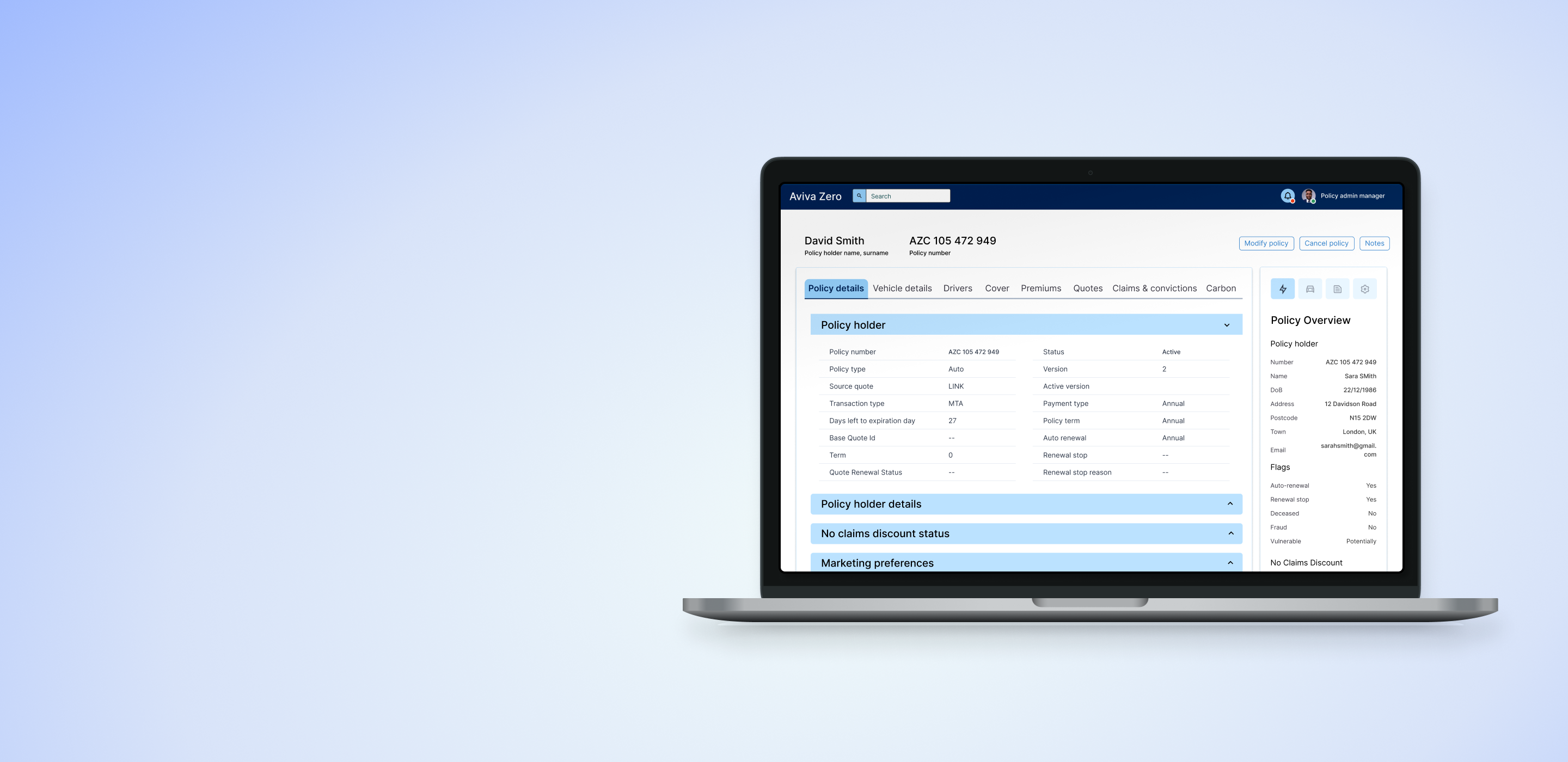 Aviva Zero Dashboard